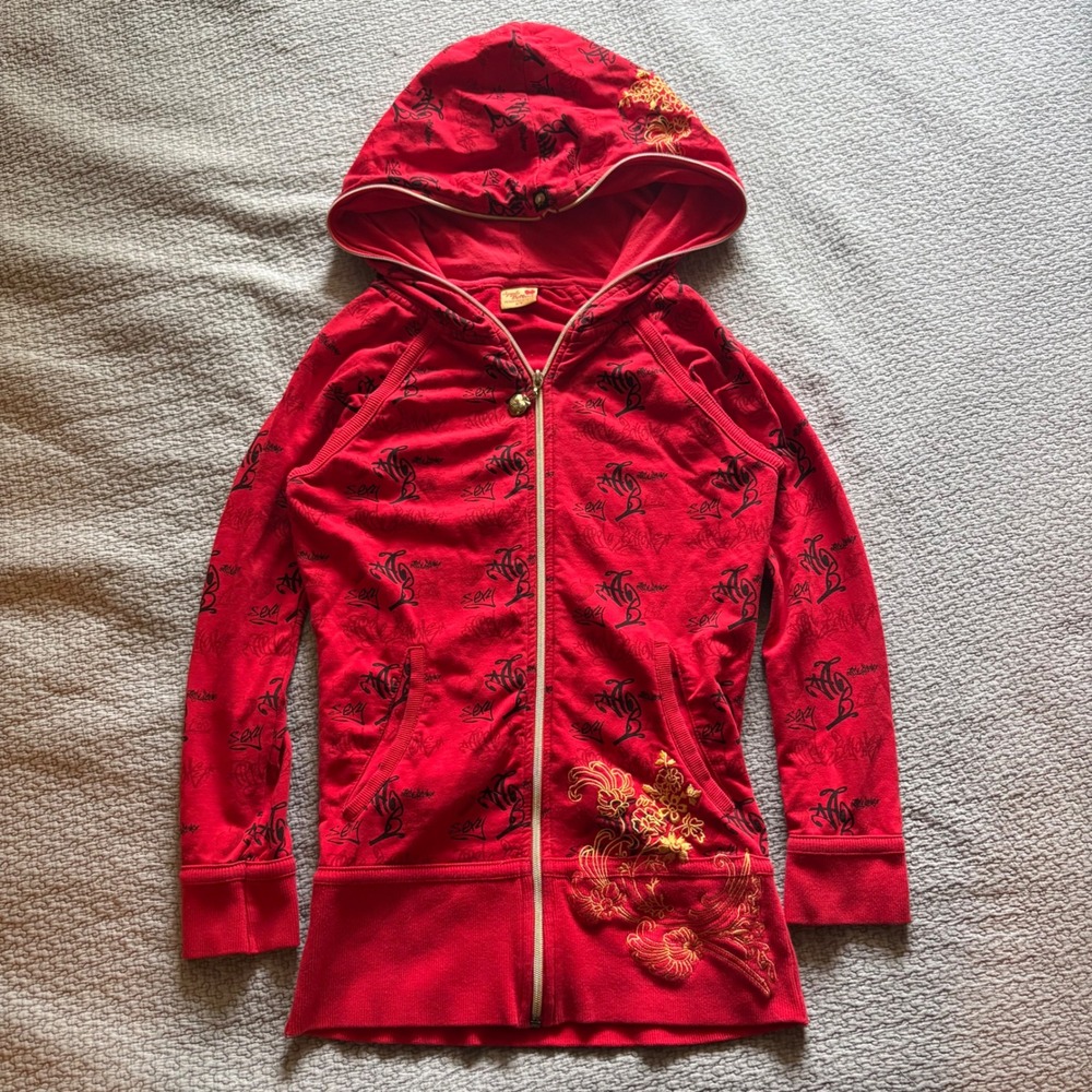 Apple Bottoms Red Full Zip Hoodie Logo Print Gold Floral Embroidery Y2K Small